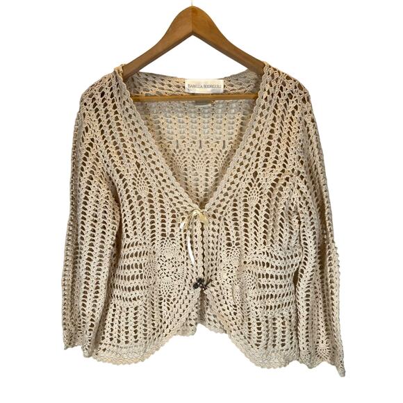Isabella Rodriguez | Medium | Beige Crochet Knit Ramie / Cotton Cardigan Sweater - Picture 1 of 5